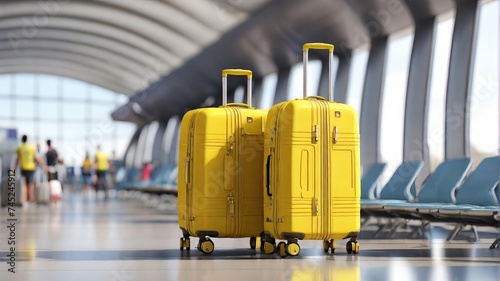 luggage yellow suitcases at the airporti background