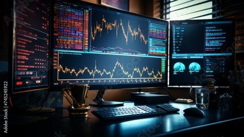 Screen with stock market candlestick chart stock exchange software on a monitor