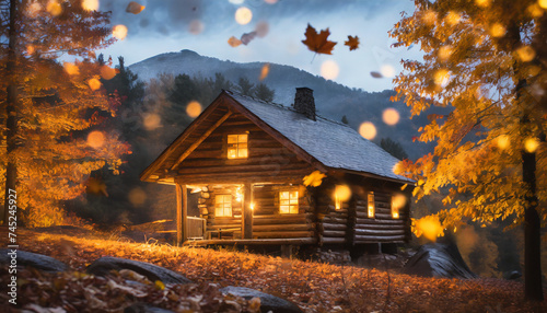 House in the woods, Autumn, Fall, Fire pit Falling leaves