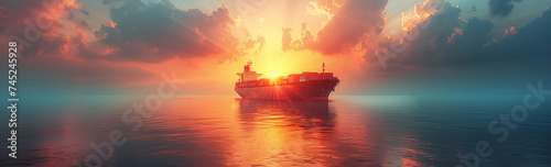 Commercial ship sailing at sunset with vibrant skies reflected on calm ocean waters.