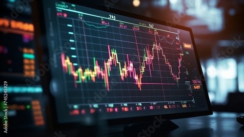 Screen with stock market candlestick chart stock exchange software on a monitor