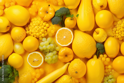 Fototapeta Naklejka Na Ścianę i Meble -  Nutritious Meals backdrop, fruits and vegetables. Yellow background. Veganism, vegetarianism. Healthy Eating. Clean food.