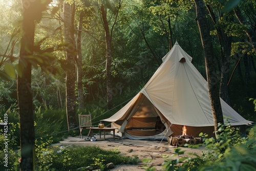 Serene Camping Scene with Canvas Tent Amidst Forest Trees © bomoge.pl