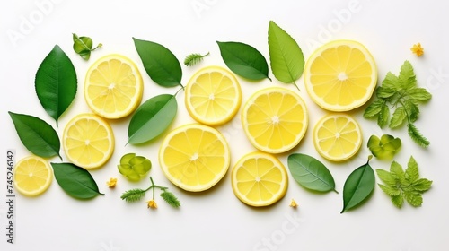 Slice lemon and lime with green leaves