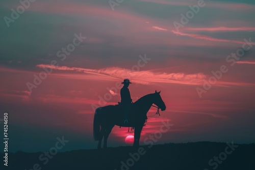 Silhouette of a Cowboy Riding Horse at Dusk with Pastel Sunset Sky