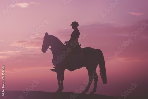 Silhouette of a Cowboy Riding Horse at Dusk with Pastel Sunset Sky © bomoge.pl