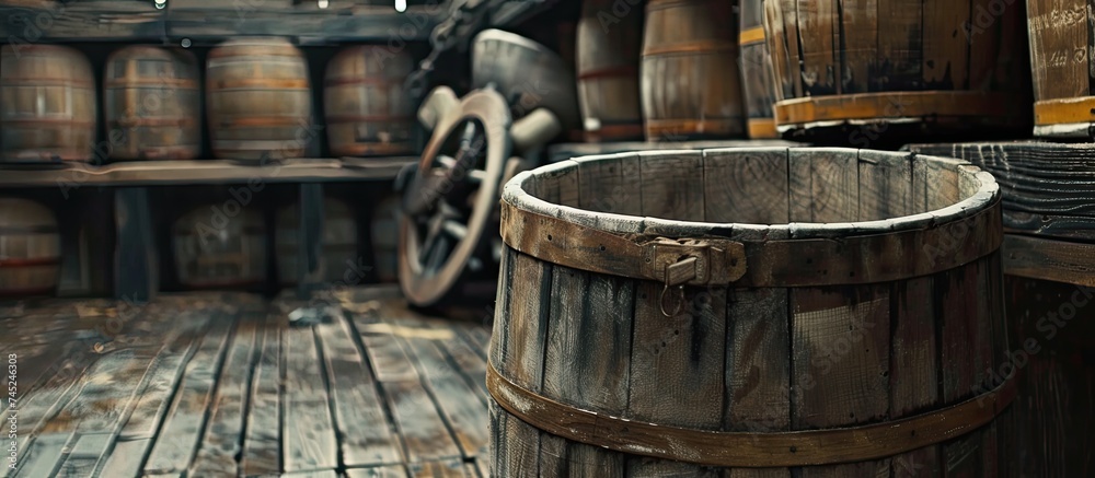 A wooden floor holds multiple barrels stacked on top of each other. The barrels appear to be in storage, possibly on a warship. A wooden floor holds multiple barrels stacked on top of each other. The barrels appear to be in storage, possibly on a warship.