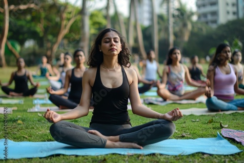 Women doing yoga at park, detailed facial features, International Day of Yoga.  photo