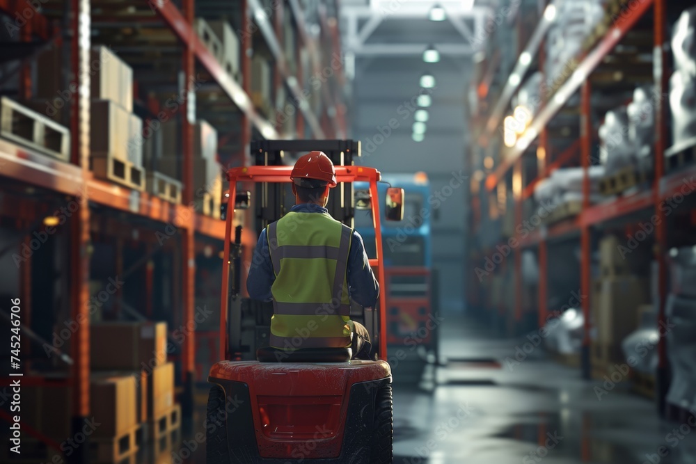 Warehouse Worker Operating a Forklift with Safety Gear in Industrial Setting