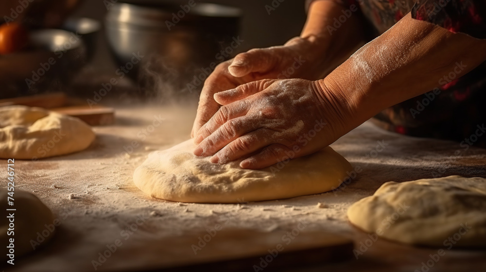 Female hands making dough for pizza