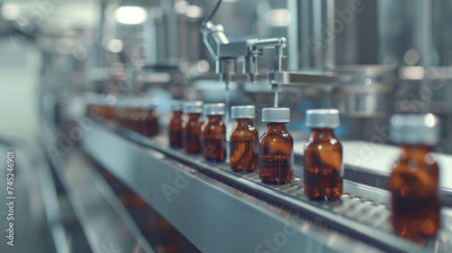 Pristine bottles of medicine travel along a sterile pharmaceutical production line  symbolizing healthcare innovation.