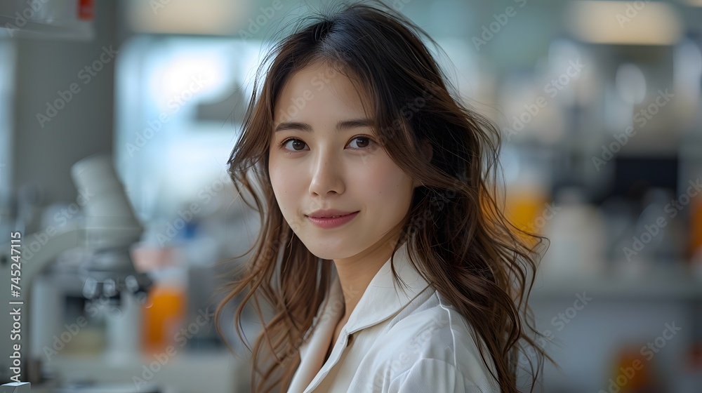 An asian female research scientist works in a laboratory