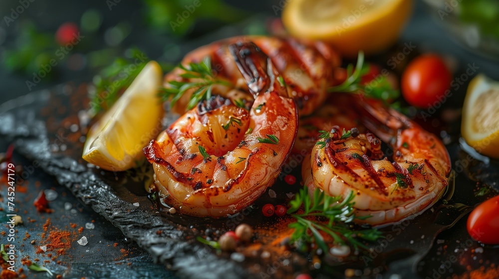 Food Grilled shrimp with lemon and tomatoes on a black plate