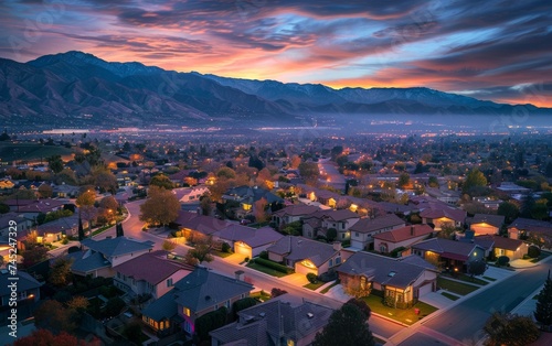 Twilight Over Santa Clarita: A Serene Aerial View of Residential Houses with Scenic Mountain Backdrop