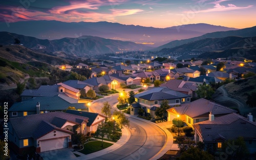 Twilight Over Santa Clarita: A Serene Aerial View of Residential Houses with Scenic Mountain Backdrop photo