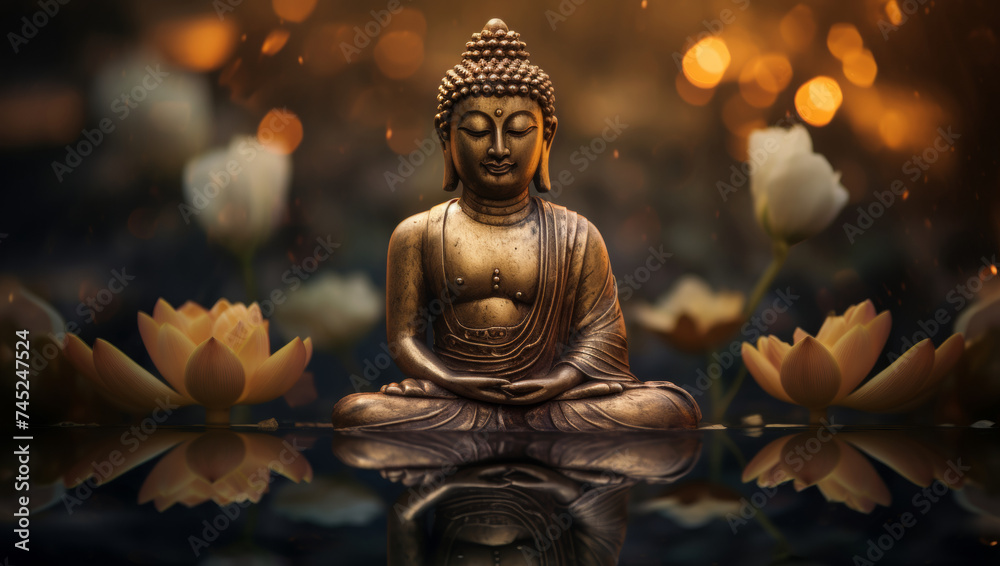 Serene Buddha statue with glowing lotus flowers in twilight.