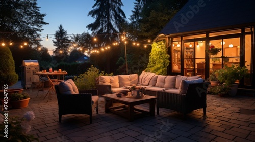 Summer evening on the patio of beautiful suburban house 