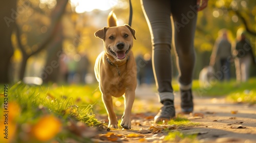 Walking with dog at park during morning walk, sunlight © jirayut
