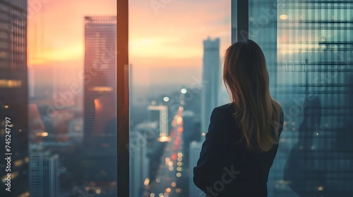 Professional business woman looking through window of her office skyscraper looking at bustling modern city thinking at her work