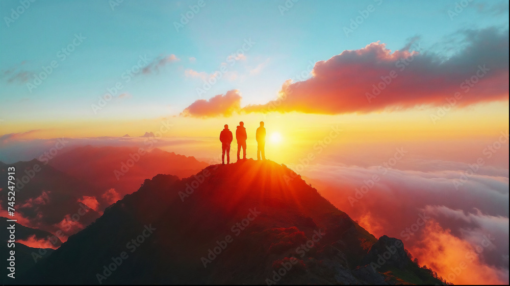 Fototapeta premium People standing on top of the mountain during sunrise