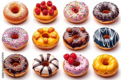 Colorful pink, chocolate, orange glazed donut set on white background