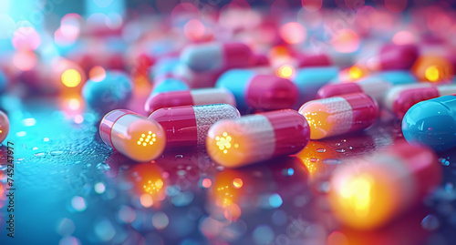 Colorful capsules on a reflective surface with a bokeh background, concept for healthcare and medicine.
