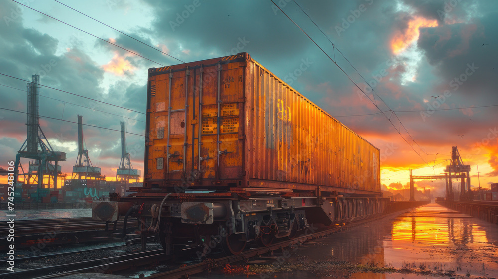 Fototapeta premium A container being lifted from a ship onto a waiting train showcasing the seamless transfer between water and rail transport in intermodal systems.