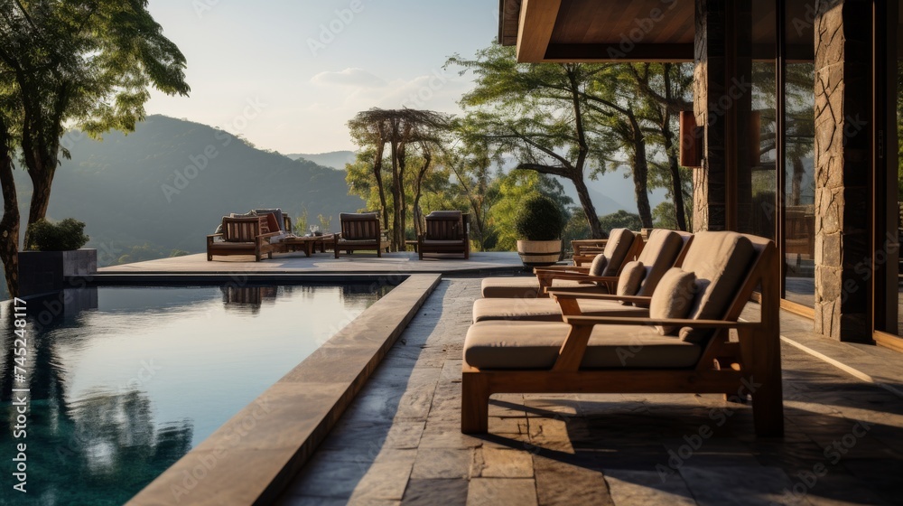 Terrace with chairs and swimming pool Terrace with chairs and swimming pool