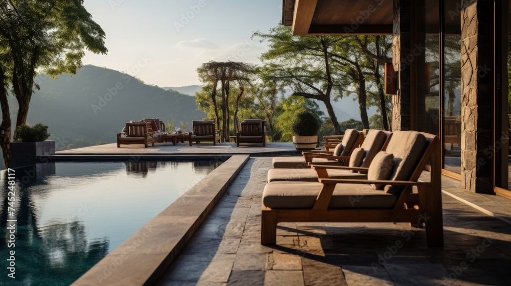 Terrace with chairs and swimming pool