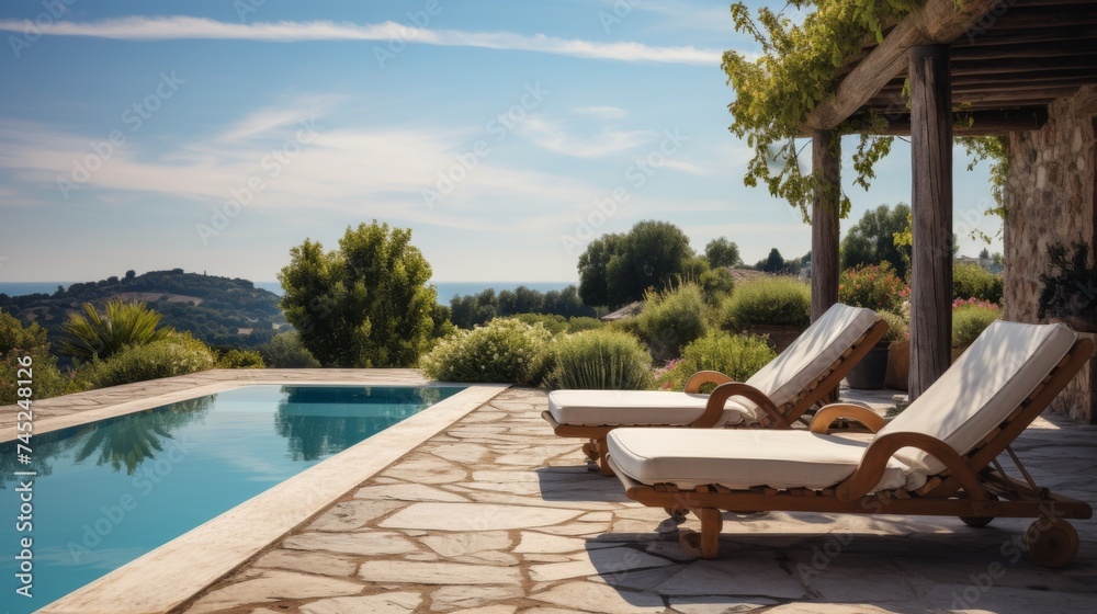Obraz premium Terrace with chairs and swimming pool