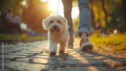 Walking with dog at park during morning walk, sunlight