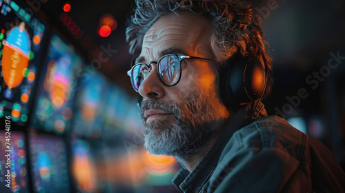 A Male Air Traffic Controller with Headset Talk on a Call in Airport Tower. Office Room is Full of Desktop Computer Displays with Navigation Screens.