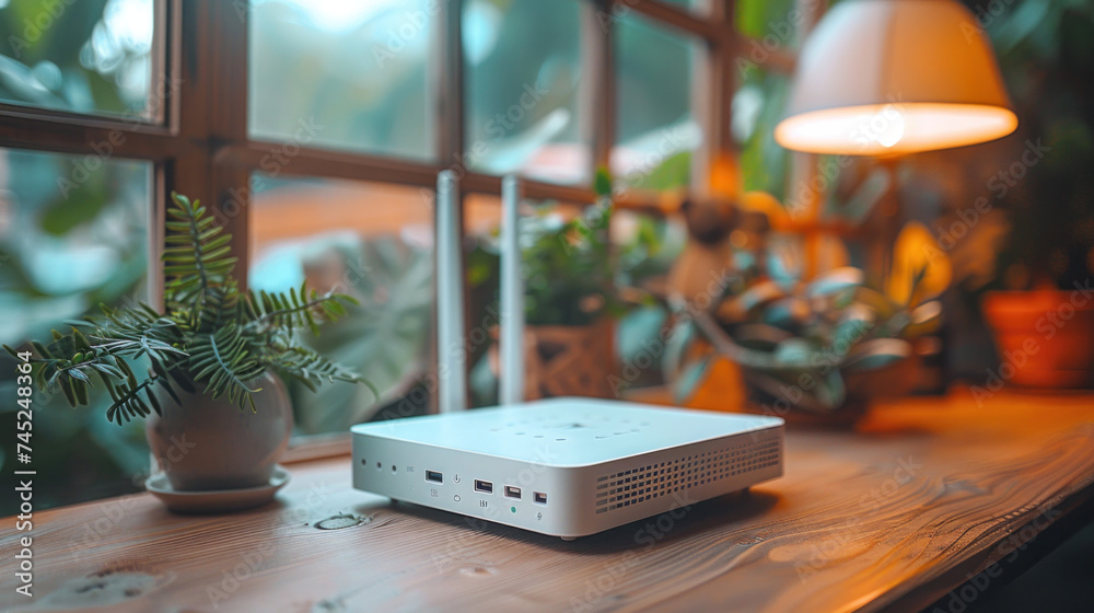 A new white Wi-Fi router on the table indoors. A new white Wi-Fi router on the table indoors.