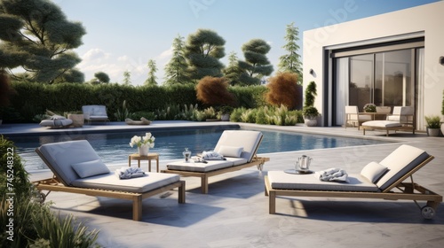 Terrace with chairs and swimming pool
