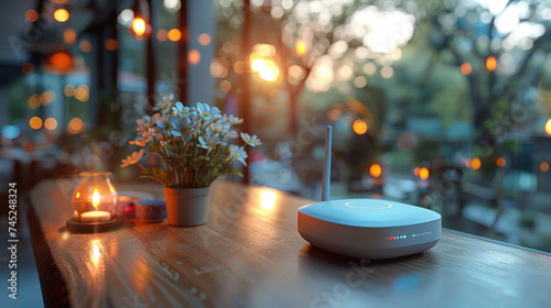 A new white Wi-Fi router on the table indoors.