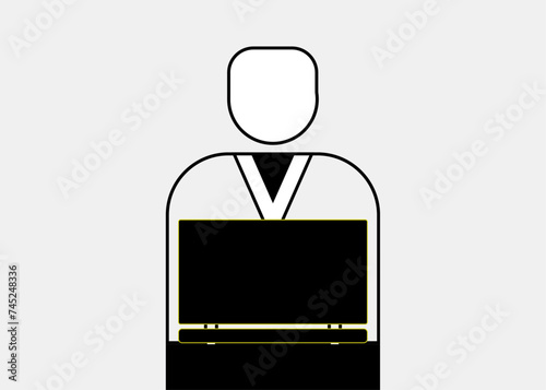 Men with a laptop, Businessman working on the computer, Bloggers, laptop users thin line isolated flat vector icons, Including people, Images with Copy Space, vertical,