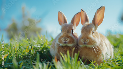Two rabbits walking on the lawn  © Ukiuki-tsuguri