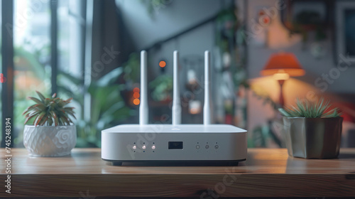 A new white Wi-Fi router on the table indoors. photo