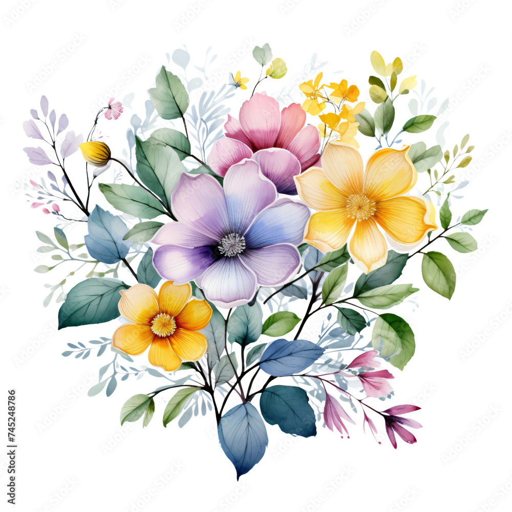Obraz premium Elegant watercolor illustration of a colorful floral arrangement, ideal for spring-themed design projects.