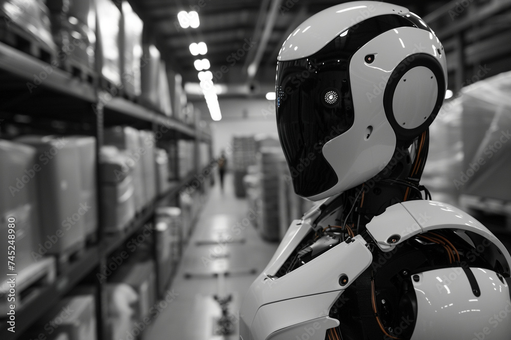 Close-up of the humanoid robot's sensors as it monitors the flow of goods at the conveyor belt, its AI-driven intelligence contributing to the optimization of production processes Close-up of the humanoid robot's sensors as it monitors the flow of goods at the conveyor belt, its AI-driven intelligence contributing to the optimization of production processes