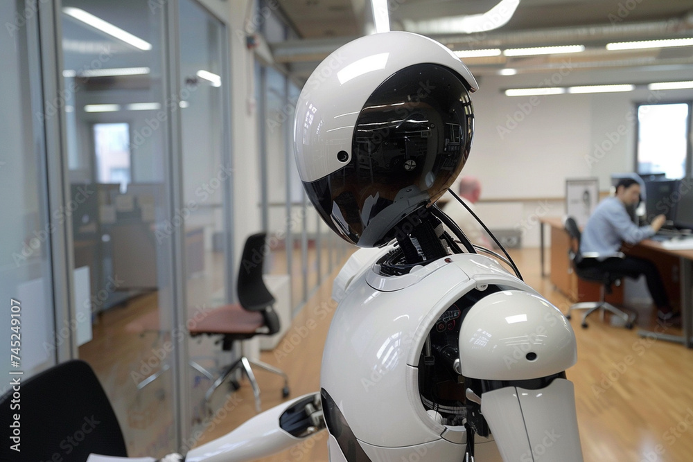 A sleek humanoid robot gracefully assists office workers, handing out documents with precision and efficiency, seamlessly blending technology with human tasks.
