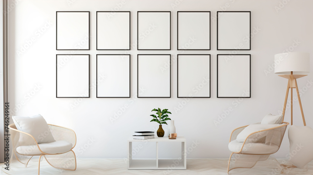 Gallery Wall Frames, gallery wall frames on a minimalist white wall background with Series of photographs, thematic art prints, inspirational quotes.