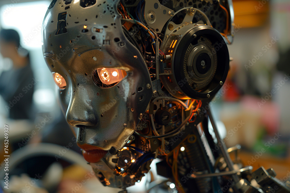 Close-up of a humanoid robot's metallic frame as it collaborates with office workers, its LED eyes emanating a sense of focus and dedication to its tasks. Close-up of a humanoid robot's metallic frame as it collaborates with office workers, its LED eyes emanating a sense of focus and dedication to its tasks.