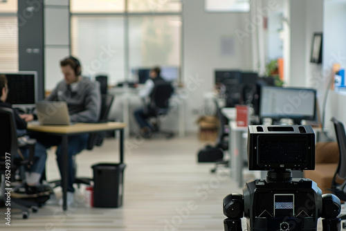 Amidst the collaborative buzz of the office, a humanoid robot seamlessly integrates into the team, offering its tireless assistance to ensure tasks are completed efficiently. photo