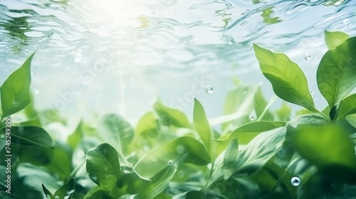 Transparent and clean white water and green leaf background sunlight reflection