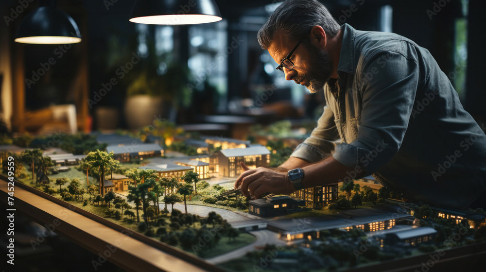 An engineer at work in factory,Engineers designing models of turbines, solar panels, and clean energy with building models and solar panels indoors.