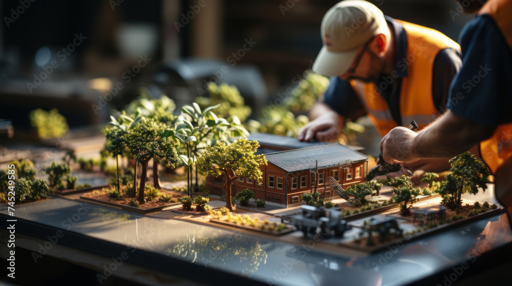 An engineer at work in factory,Engineers designing models of turbines, solar panels, and clean energy with building models and solar panels indoors.