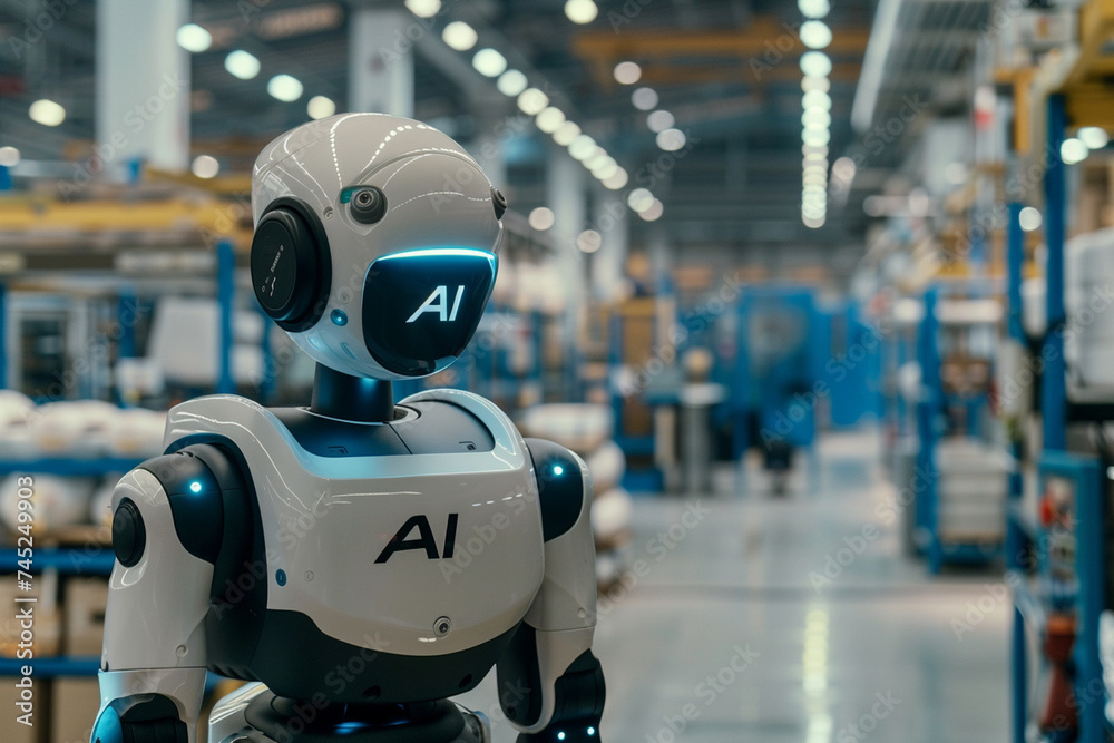 Against the backdrop of industrial machinery, the humanoid robot, proudly displaying the AI logo, seamlessly integrates into the production process, aiding workers and optimizing w Against the backdrop of industrial machinery, the humanoid robot, proudly displaying the AI logo, seamlessly integrates into the production process, aiding workers and optimizing w
