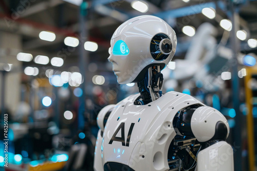 Close-up of the AI logo on the humanoid robot's chest plate as it performs intricate tasks alongside workers in the production facility, its AI-driven intelligence contributing to