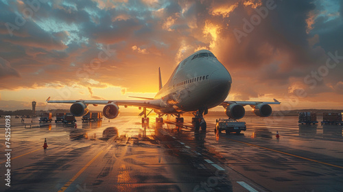 Cargo aircraft at airport, international air transportation.